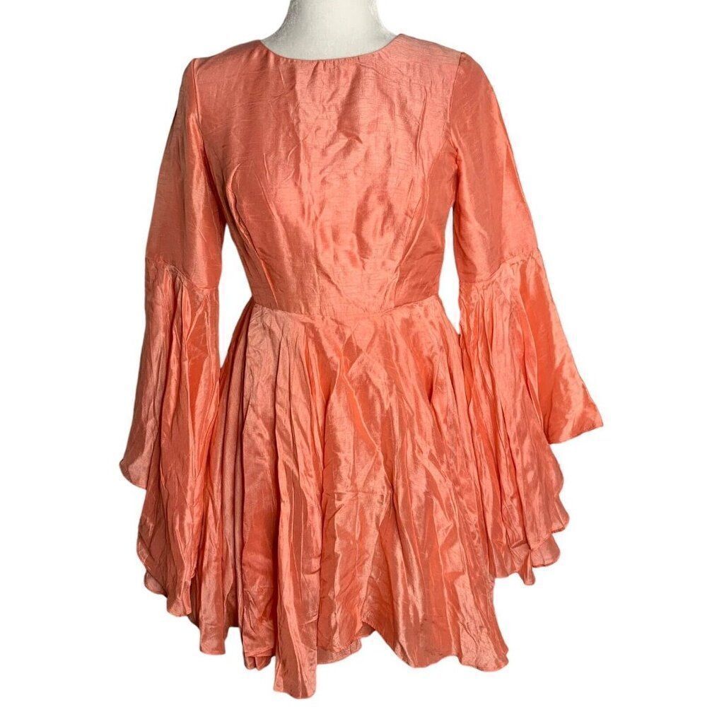 Vintage Handmade Shantung Mini Dress S Pink Bell Sleeve Fairy Princess Barbie